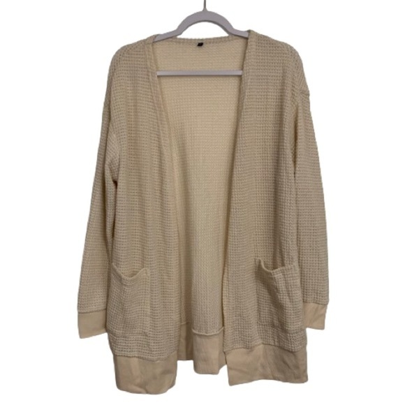Cream Medium Weight Waffle Knit Double Pocket Cardigan Size XL - Picture 2 of 7
